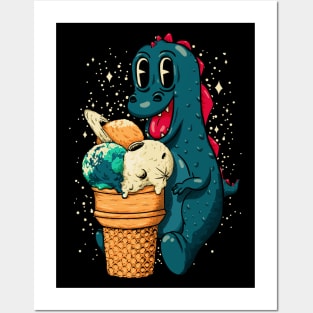 Treat Yo Self - Baby Dino Eating Triple Planet Scoop Ice Cream Cone Posters and Art